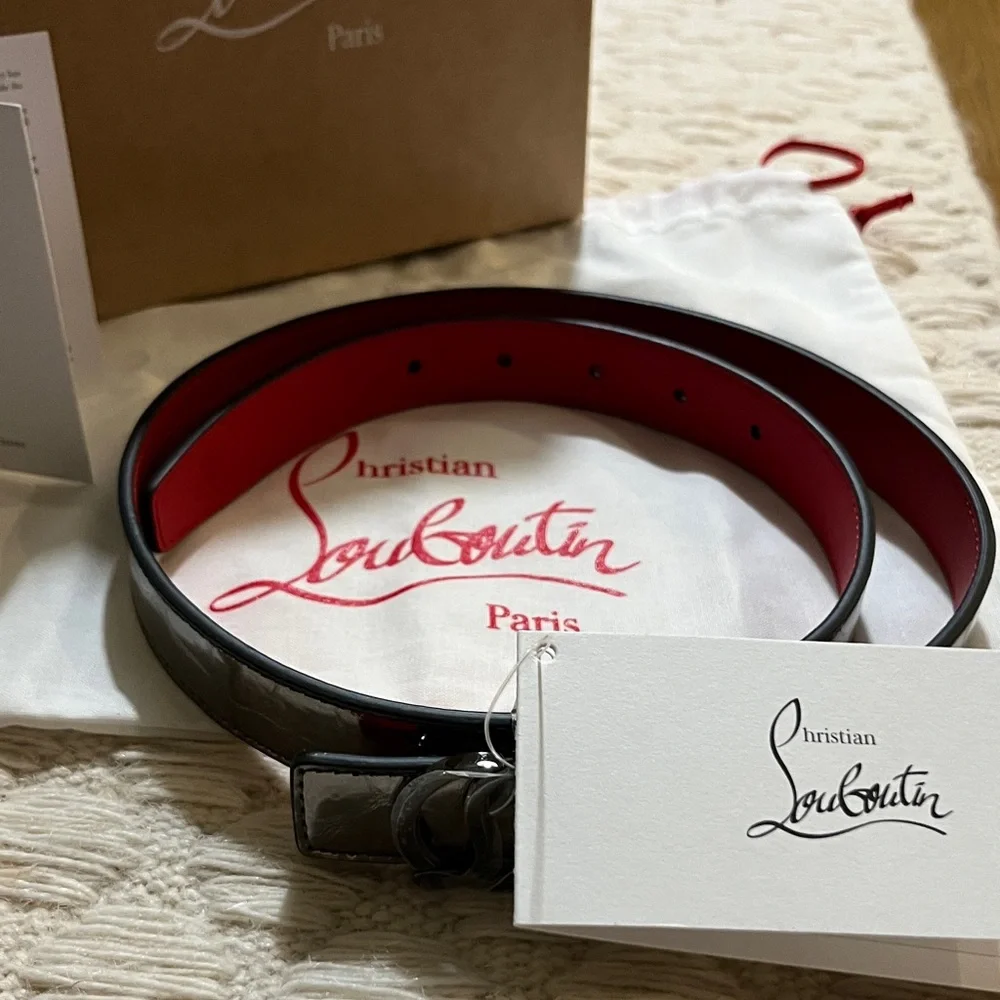 NWT Christian Louboutin Athracite Gun Metal Black Belt with Red Interior